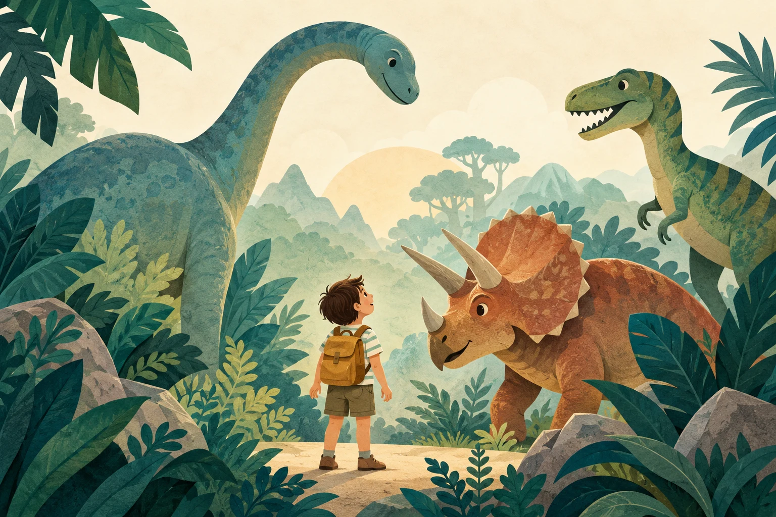 Original AI paper-cut-style illustration of a fictional child discovering three friendly dinosaurs; not KSL premises, exhibits or a real visitor