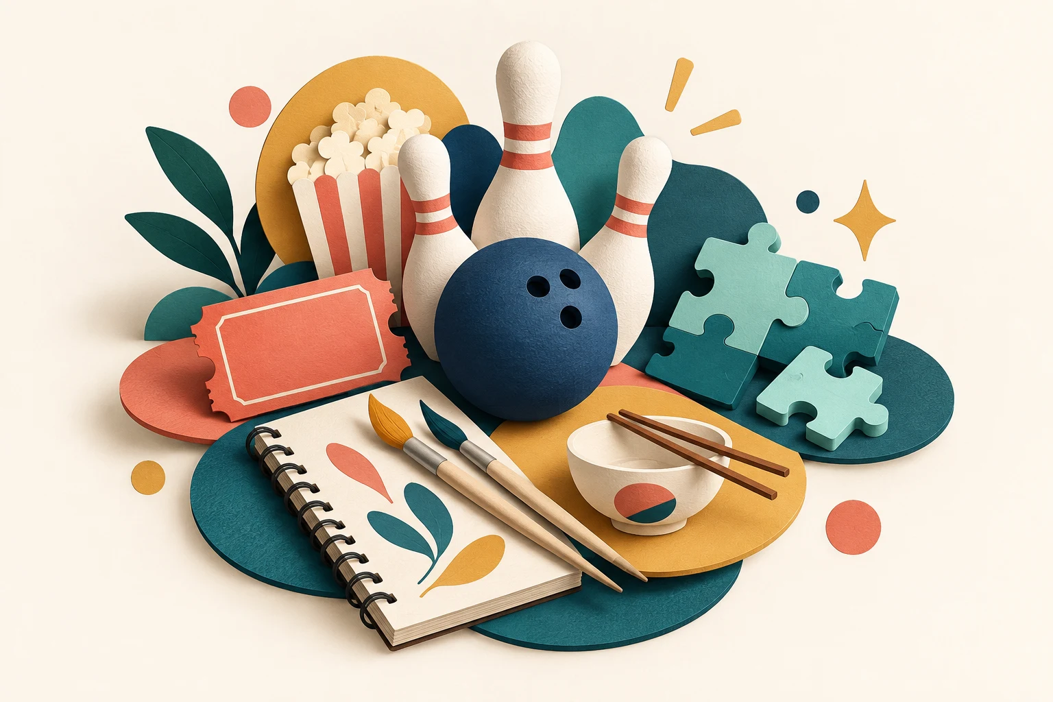 AI concept illustration of bowling, cinema, puzzles and creative hobbies, not actual Southkey shops