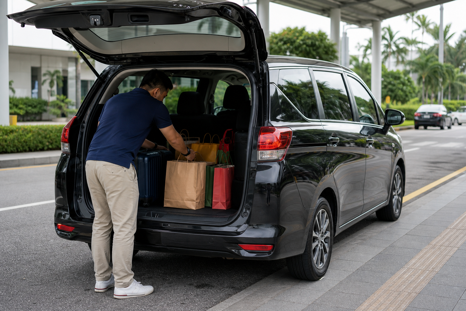 Shopping bags and luggage loaded into an MPV for a Singapore to Johor shopping mall private transfer