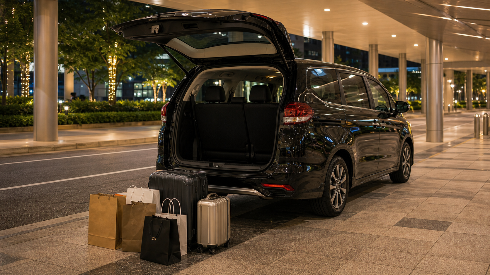Shopping bags and small luggage waiting beside an MPV for same-day JB mall return pickup planning